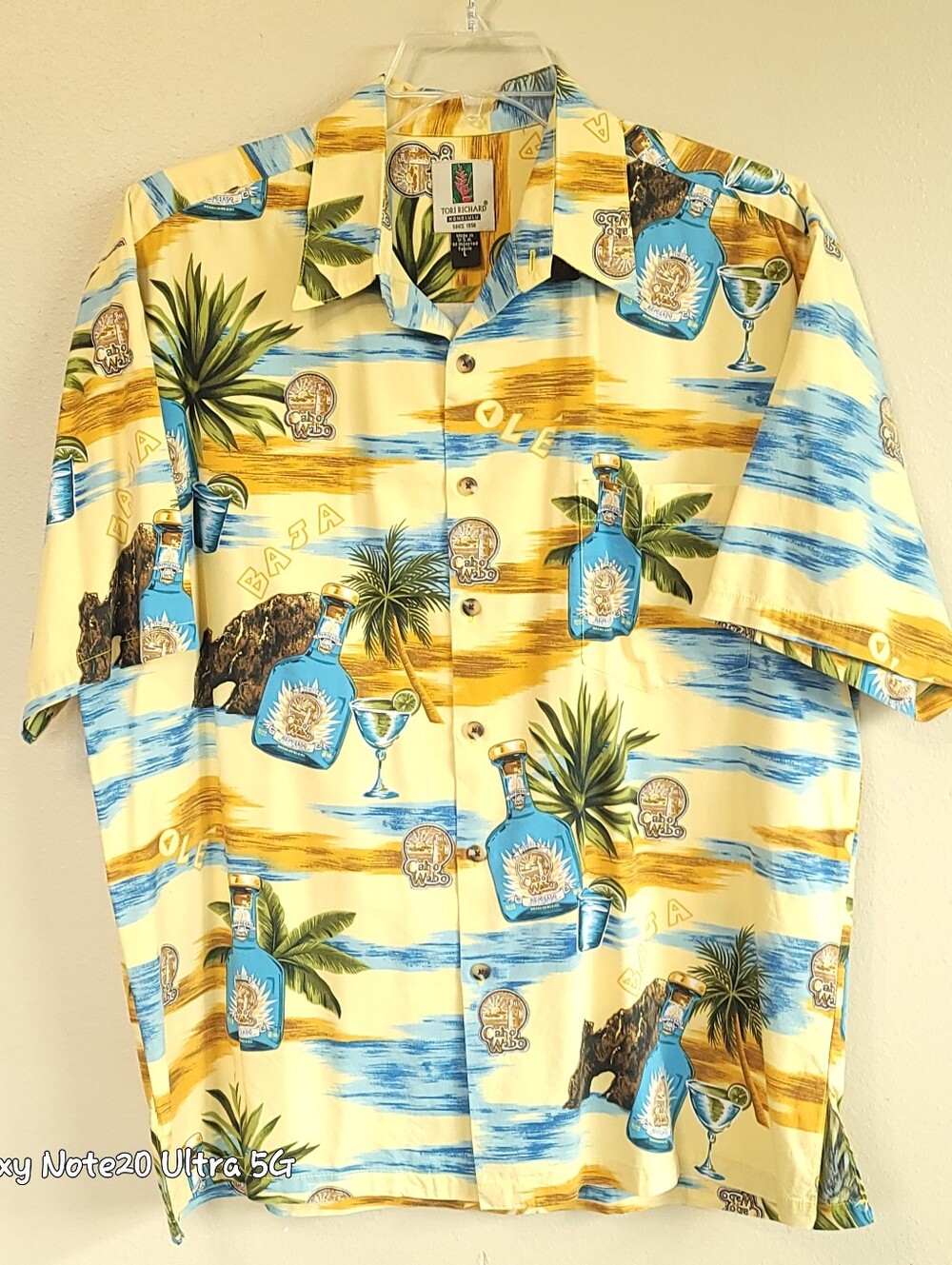 Tori Richard Cabo Wabo Tequila Hawaiian Shirt Mens L Yellow Novelty Print EVUC